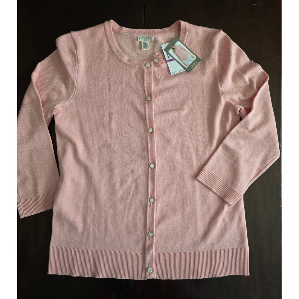 NWT Spense Petite Women's Pink Crew Neck Button Front Cardigan Sweater Small